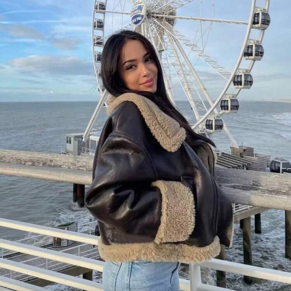 Vegan Leather Aviator Jacket Faux Shearling Trim Shearling Lined chocolate brown - Picture 9 of 12